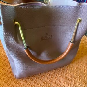 Gucci Taupe Leather Tote with Gold Accents, small matching purse included